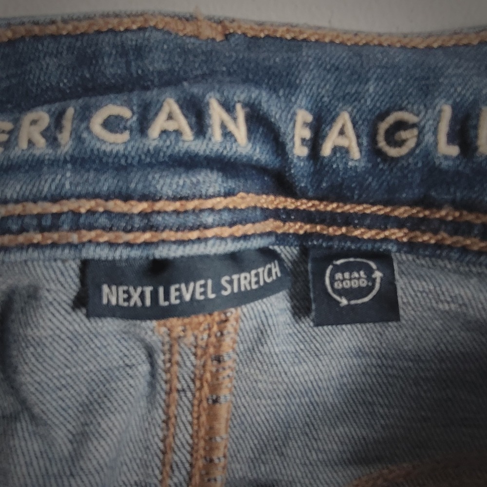 American Eagle Kick Boot Jeans Size 12 Short Blue Dark Wash Distressed Stretch - Picture 7 of 9